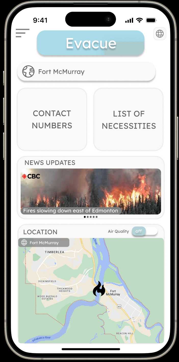 Evacue dashboard in an iPhone mockup, showing Fort McMurray, contact numbers, a necessities list, wildfire news, and a location map.