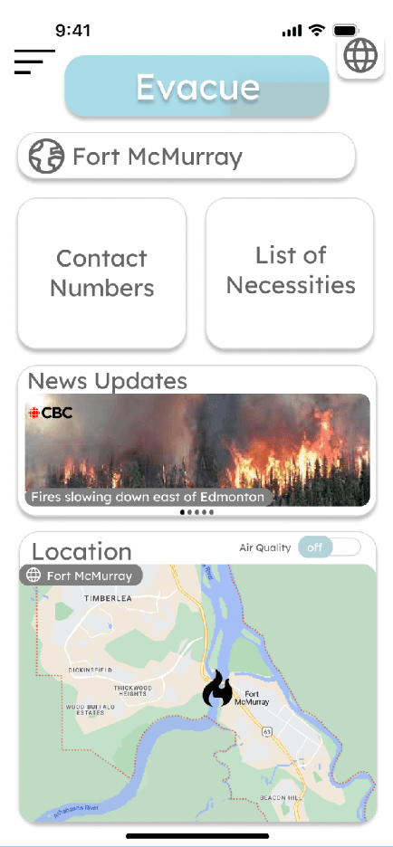 Initial Evacue dashboard before usability feedback, with contact numbers, a necessities list, wildfire news, and a Fort McMurray map.