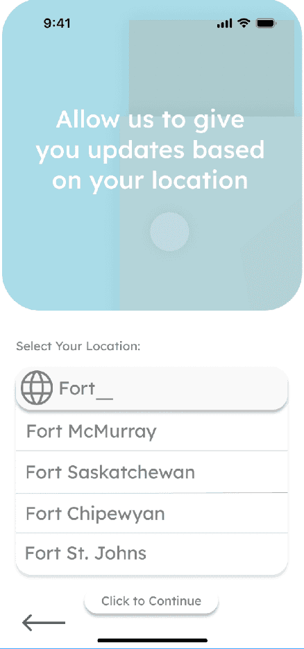Initial Evacue location-selection design before usability feedback, with a location-updates message, a search field, and city suggestions including Fort McMurray.