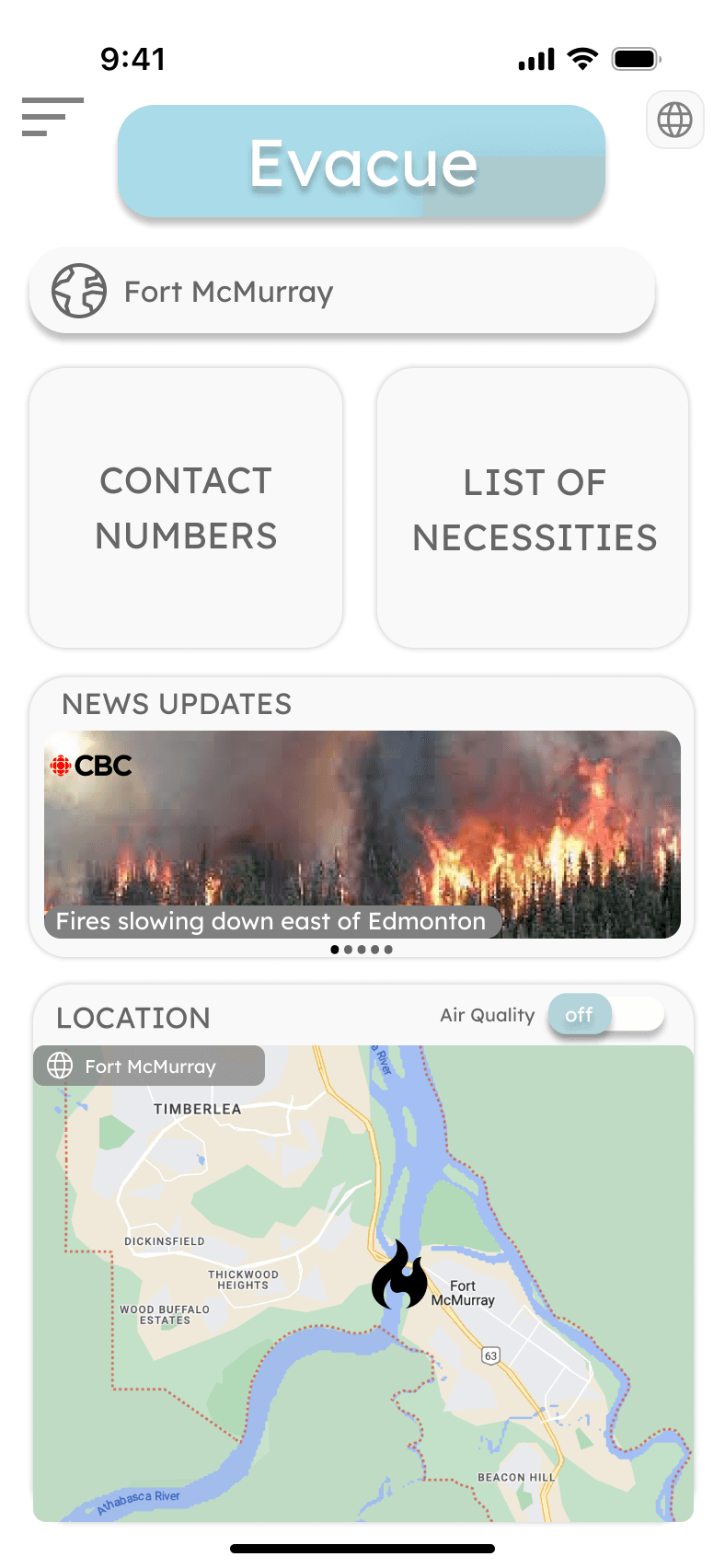 Evacue dashboard design bringing contact numbers, a necessities checklist, wildfire news, a Fort McMurray map, and an air-quality toggle together.