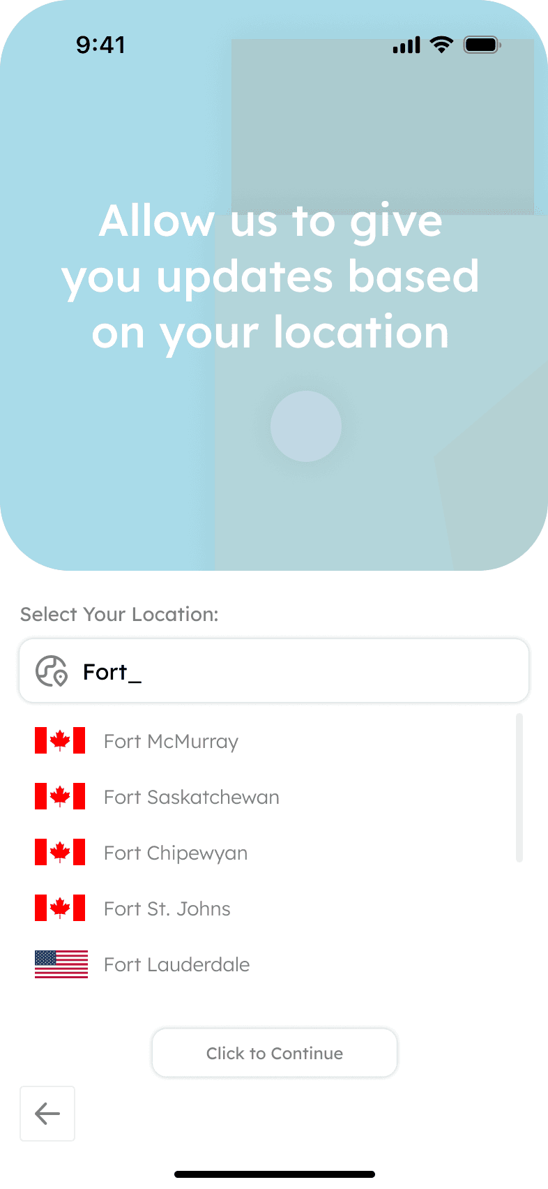 Evacue location-selection screen with Fort McMurray and other city suggestions, a search field, and Click to Continue.