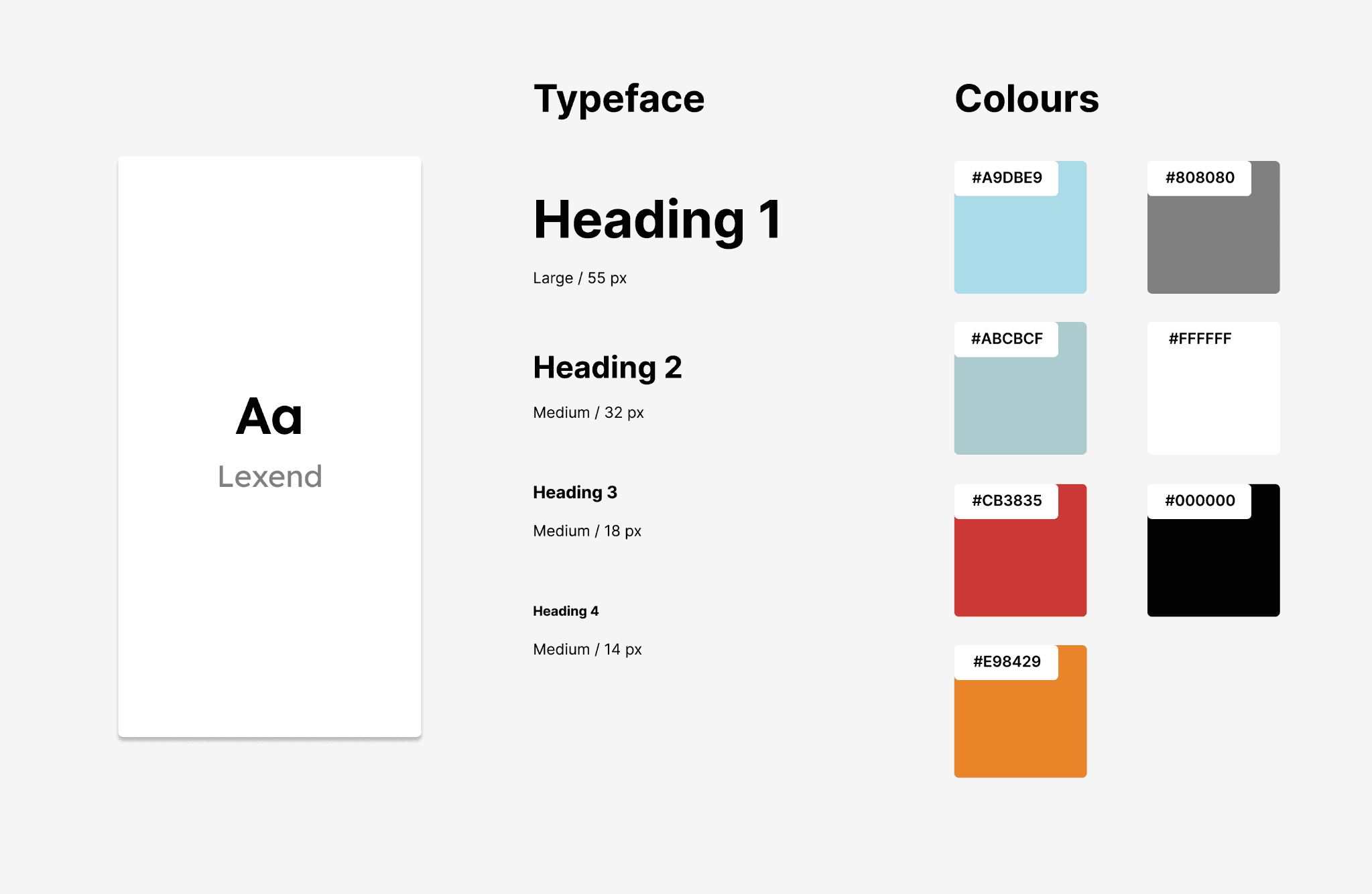 Evacue design board: Lexend typeface; heading sizes 55, 32, 18, and 14 pixels; colours A9DBE9, 808080, ABCBCF, FFFFFF, CB3835, 000000, and E98429.