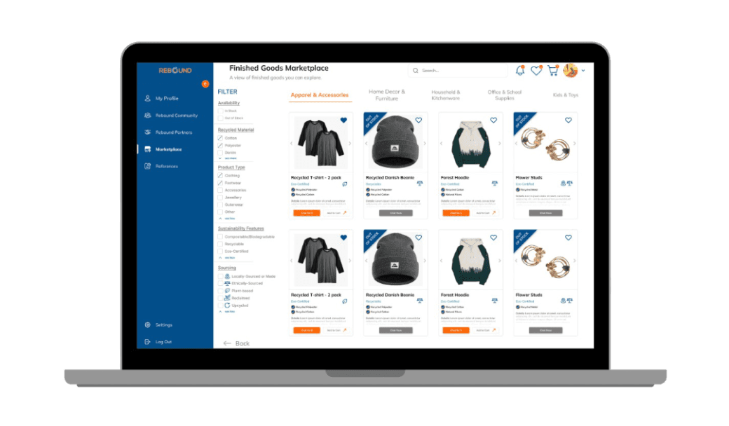 Rebound Finished Goods Marketplace in a laptop mockup, showing material filters, product categories, recycled-product cards, sustainability details, and buying options.