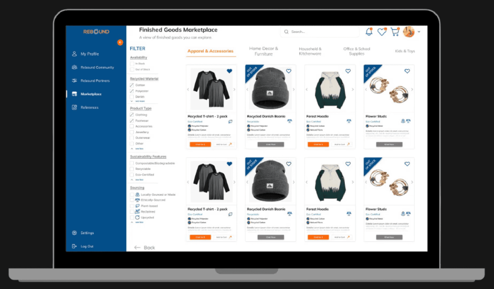 Rebound Finished Goods Marketplace in a laptop mockup, with recycled-material filters, product categories, sustainability credentials, product cards, wishlist icons, Chat Now, and Add to Cart actions.